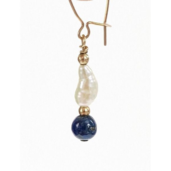 Baroque Pearl Lapis Lazuli Gold Tone Kidney Wire Dangle Earrings Elegant Dainty - Picture 3 of 11